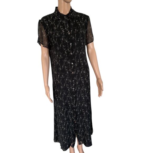 Vintage 100% Silk Black Floral Button Down Dress 90s Grunge Dark Romantic 12 - Picture 2 of 8